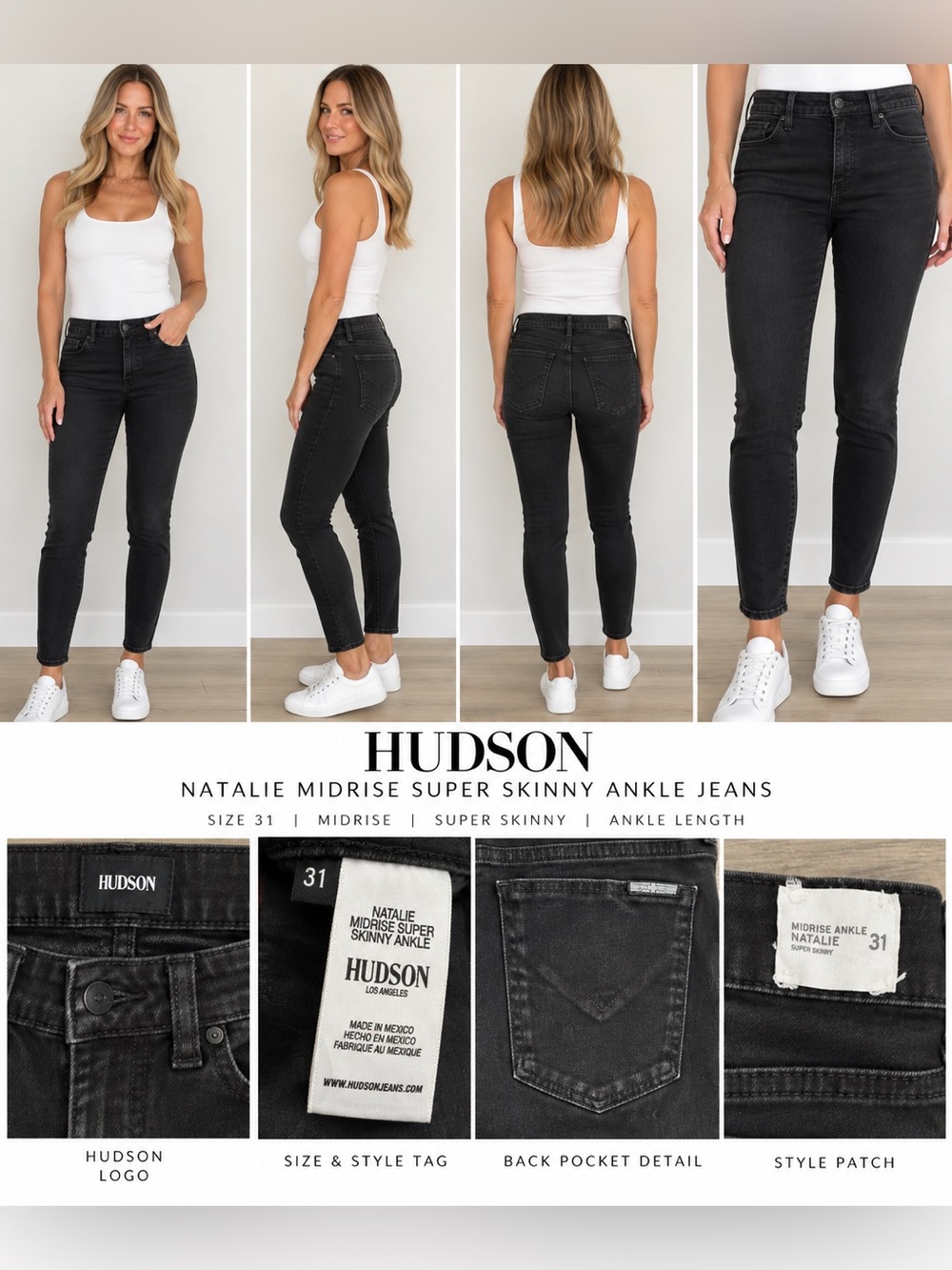 Hudson Natalie Midrise Super Skinny Ankle Jeans 31
